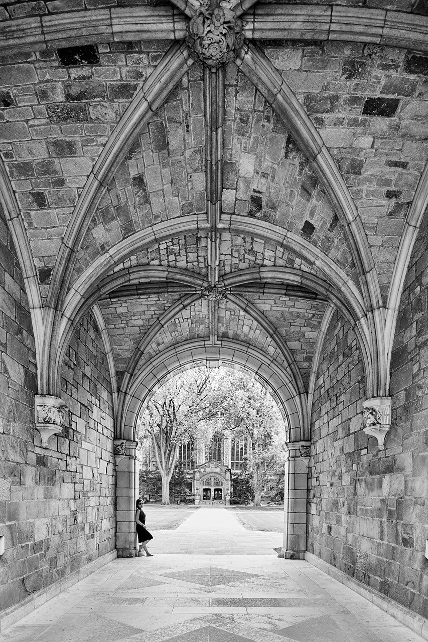 michigan, university, law quad, old, architecture, buildings, brick, black and white, huge, arc, arch, vault, gray law